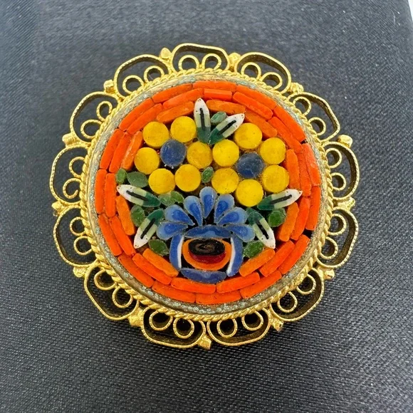 Vintage Italian Micro Mosaic Floral Brooch Scarf Hair Pin - Picture 1 of 9
